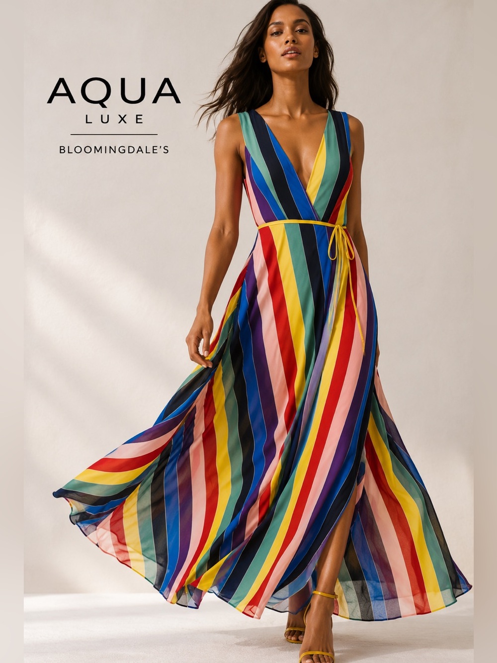 AQUA Luxe Rainbow Stripe Deep V Maxi Dress Small Resort Boho Wedding Guest A6